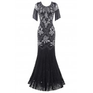 V Neck Evening Gown Sequin Beaded Maxi Dress