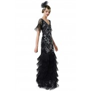 V Neck Evening Gown Sequin Beaded Maxi Dress