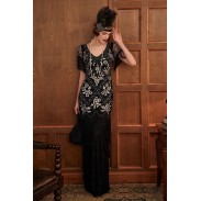 V Neck Evening Gown Sequin Beaded Maxi Dress