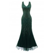 V Neck Evening Gown Sequin Beaded Maxi Dress