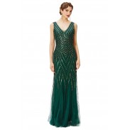 V Neck Evening Gown Sequin Beaded Maxi Dress