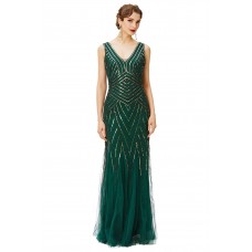 V Neck Evening Gown Sequin Beaded Maxi Dress