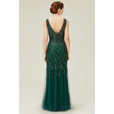 V Neck Evening Gown Sequin Beaded Maxi Dress