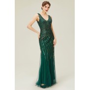 V Neck Evening Gown Sequin Beaded Maxi Dress