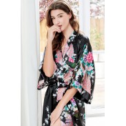 Kimono robe with peacock and flower print