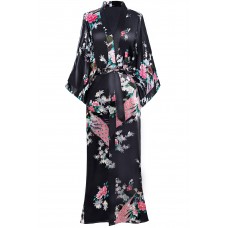 Kimono robe with peacock and flower print