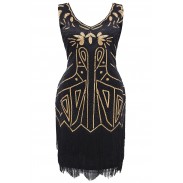 V-neck beaded fringe gatsby gold and black dress