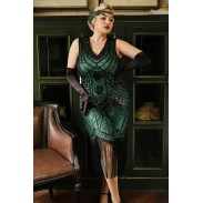 V Neck Beaded Fringe Gatsby Green Dress