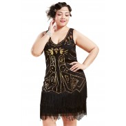 V-neck beaded fringe gatsby gold and black dress