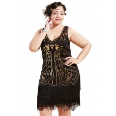 V-neck beaded fringe gatsby gold and black dress