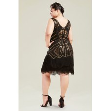 V-neck beaded fringe gatsby gold and black dress