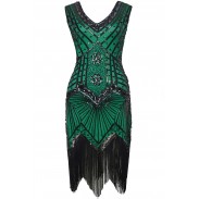 V Neck Beaded Fringe Gatsby Green Dress