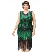 V Neck Beaded Fringe Gatsby Green Dress